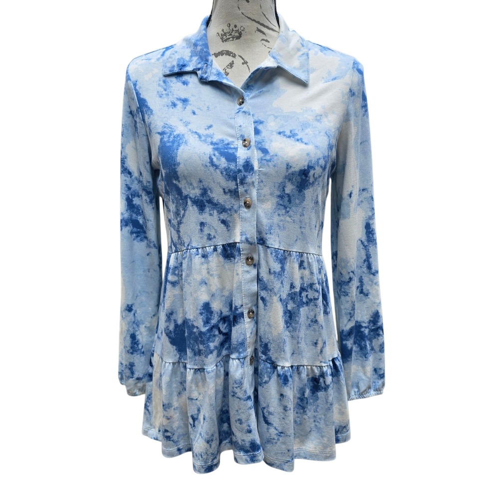 New Directions -1829 Blue Tie Dye Ruffle Tiered Long Sleeve Button Down Top P S